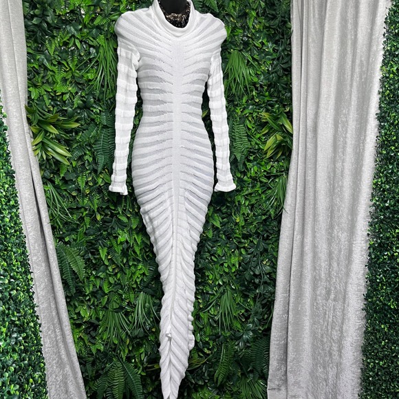 White Sheer Dress Small Knit Maxi Long Sleeve Ribbed Bodycon 3684 - Picture 3 of 7